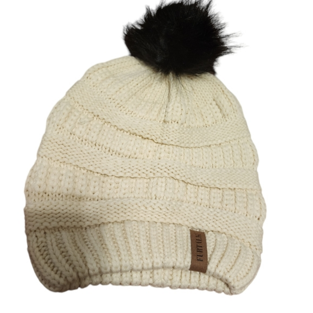 Furtalk off white beanie with black‎ puffball